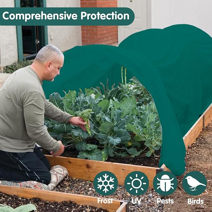 Plant Covers Freeze Protection, 10ft x 50ft 1.41 oz/yd² Frost Cloth Plant Blankets Floating Row Covers with 35 Stainless Steel Clips for Winter Plants Gardens Frost/Sun Pests Protection, Dark Green