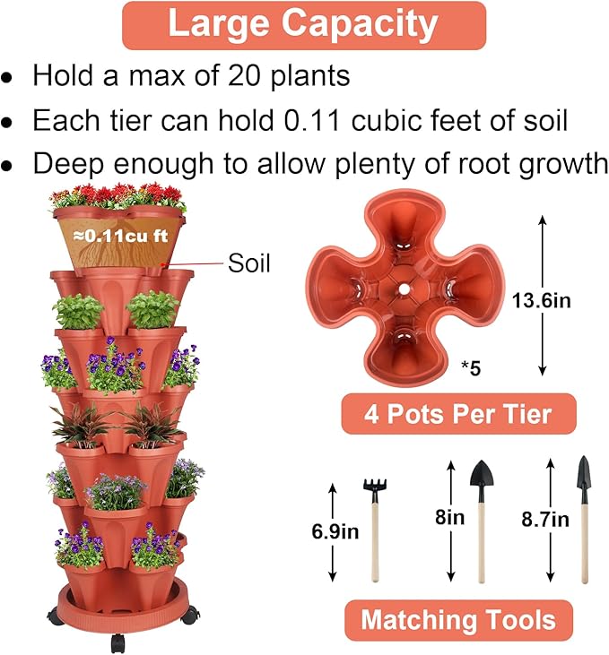 GameXcel Vertical Planter 7 Tier Stackable Planters Garden Planters Strawberry Herb Flower and Vegetable Planter Indoor Outdoor Gardening Pots with Removable Wheels and Tools