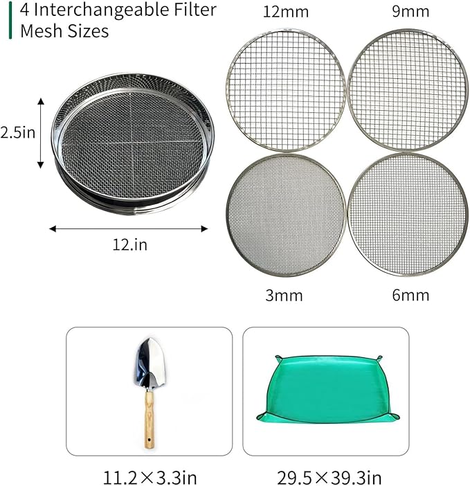 Soil Sifter for Gardening, 12 Inch Stainless Steel Soil Sifter with 4 Replaceable Fine Screens and Shovel, Sieve for Sand Rocks Dirt Compost