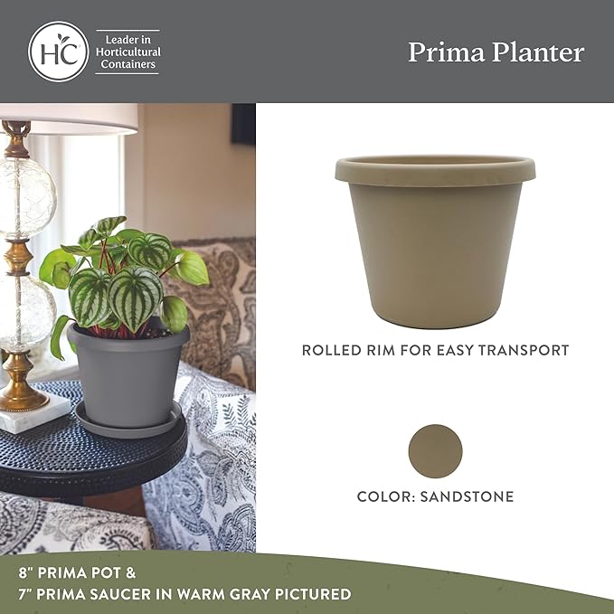 The HC Companies Prima Round Plastic Plant Pot w/Rolled Rim - Lightweight & UV Resistant Flower Pot for Herbs & More - Outdoor & Indoor Plant Pots w/Drainage (10 inch, Sandstone, Pack of 1)