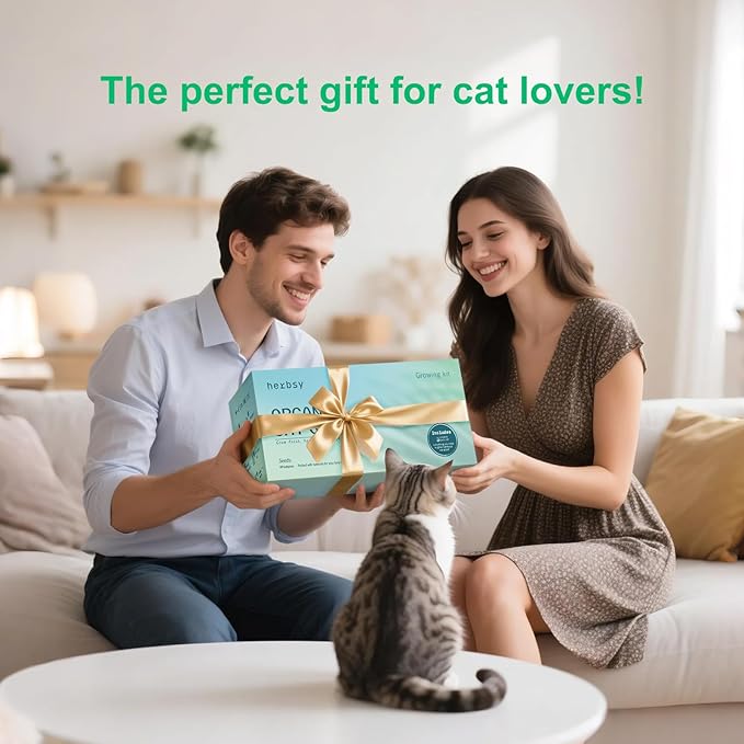 Cat Grass Kit for Indoor Cats, Complete with Rustic Wood Planter, Organic Wheat Grass Seed and Soil, Prevent Hairballs and Aid Digestion, Ideal Birthday Christmas Gift for Cat Lovers