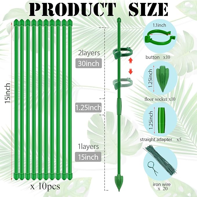 10pcs Plant Stakes for Indoor Plants, 15 inch Garden Orchid Sticks Extended to 3ft 4ft 5ft Plant Suport Stakes with Clips for Indoor Monstera Tomato Orchid Potted Plants Flower