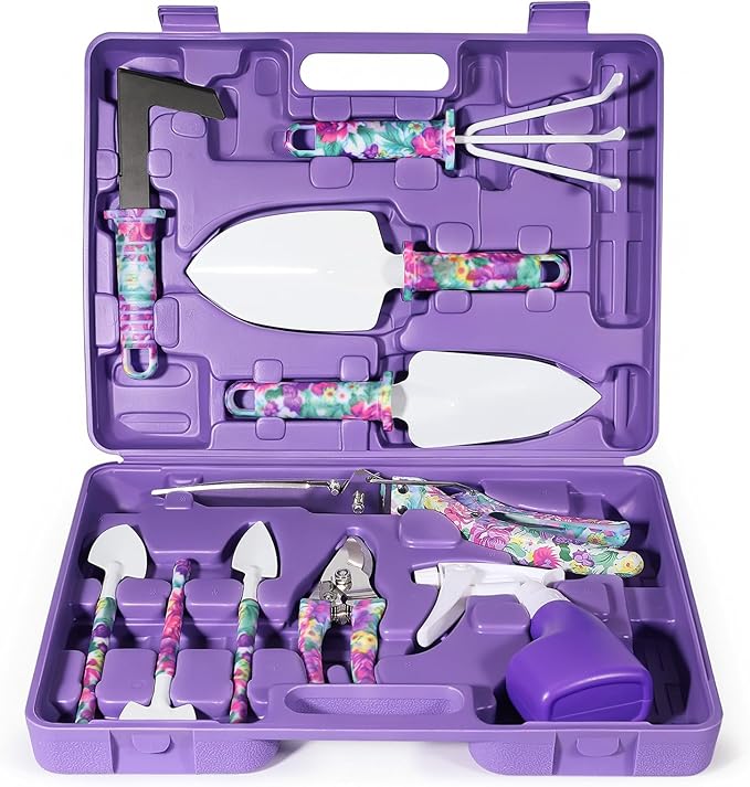 Gardening Gifts for Women for Mom Wife Grandma, 10 Pcs Gardening Supplies with Protable Case, Floral Print Garden Tools, Ergonomic Handle Trowel Rake Weeder Pruner Shears Sprayer