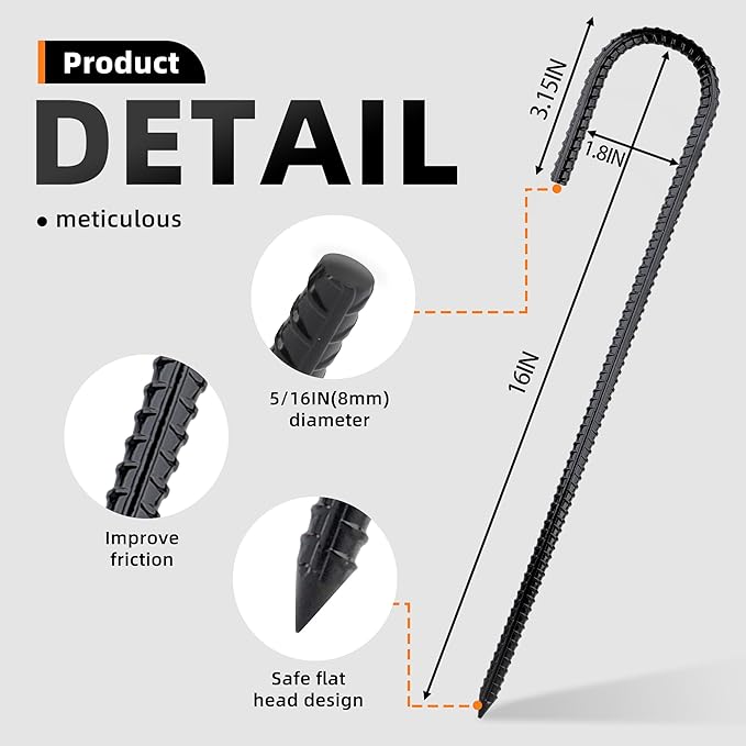 Garden Stakes Galvanized Steel, 16IN J Hook Ground Anchors Heavy Duty Rebar Stakes for Outdoor Decorations, Tent, Fencing and Landscape 8 Pack