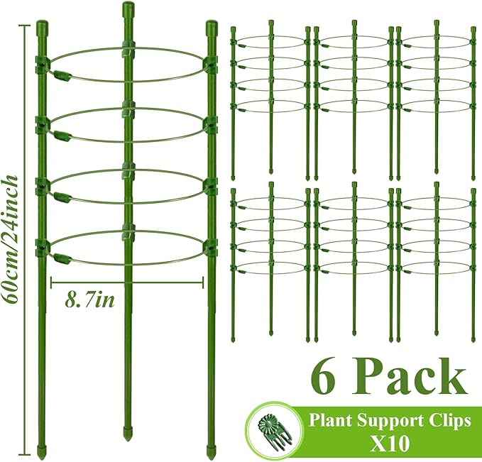 Legigo 6 Pack 24 Inch Plant Support Cages Tomato Cage for Garden- Plant Cages Adjustable Rings, Tomato Plant Support Stakes Trellis for Pots, Peppers, Cucumbers and Flowers with 10 Plant Clips
