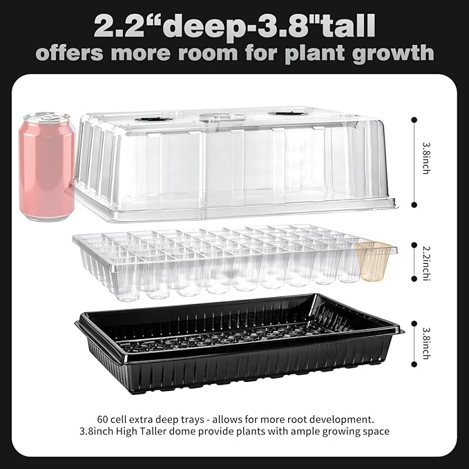 60 Cell Seed Starter Tray Kit with Grow Light, 3.8" Humidity Dome and 20.47" Heat Mat - Indoor Seed Germination Station for Faster Planting, Complete Gardening Kit for Vegetables, Herbs, Microgreens