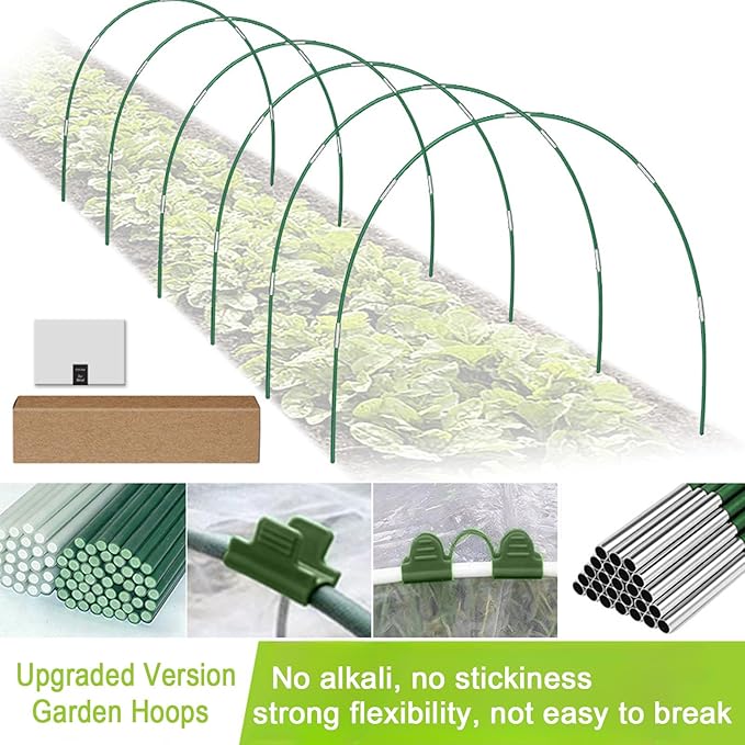 Garden Hoops for Raised Beds - Rust-Free Fiberglass Garden Hoops Support with Clips, DIY Plant Support Stakes for Garden Netting, Shade Cloth, Frost Protection and Plant Covers, 25-Pack