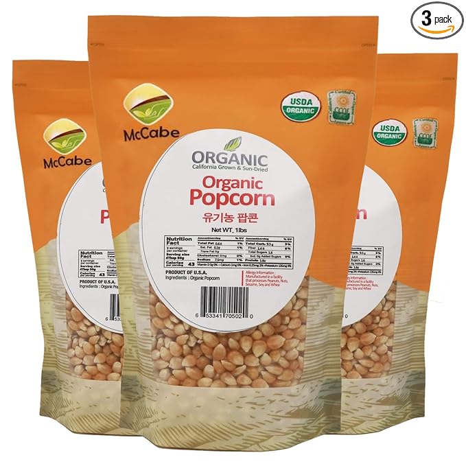 McCabe Organic Popcorn - Popcorn Kernels | Rich with Fiber & Minerals | USDA and CCOF Certified | Product of USA | 1Lb (Pack of 3)