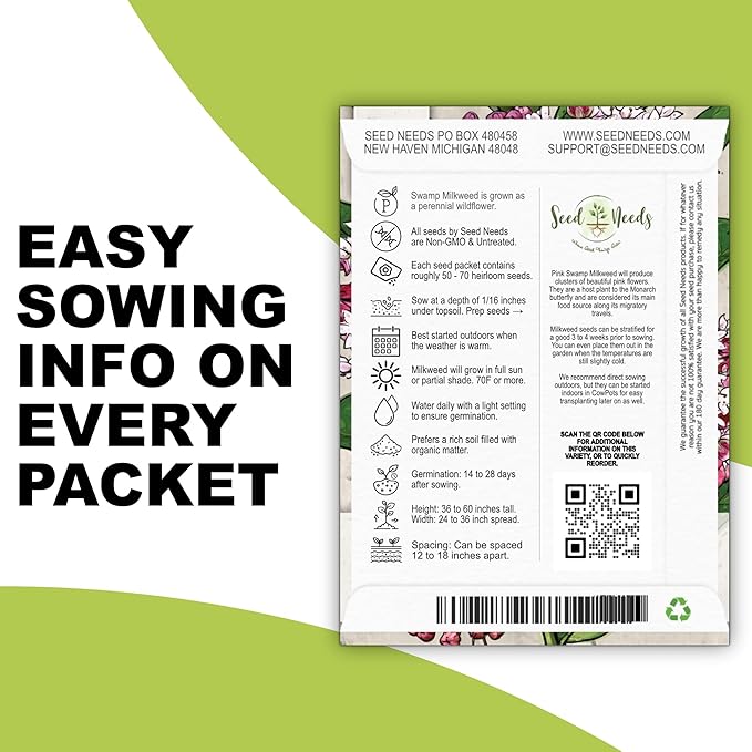 Seed Needs Milkweed Seeds for Planting a Butterfly Garden to Attract Monarch Butterflies - Collection of Pink, Orange & White Asclepias Milk Weed Variety Pack (5 Packs)