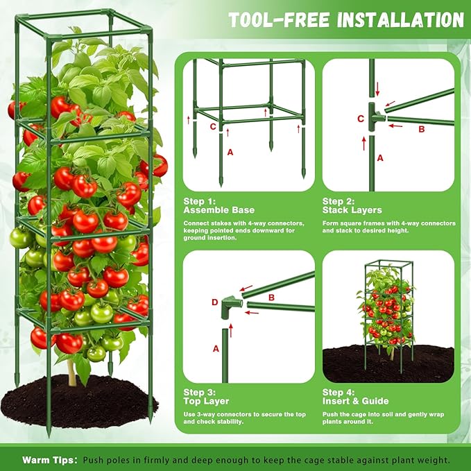 Riare 4 Pack Square Tomato Cages for Garden Plant Support- Up to 60 Inch Tomato Cage Garden Stakes Tomato Trellis for Potted Plants Raised Garden Bed Climbing Vegetables Flowers Outdoor Indoor