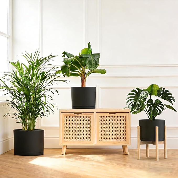 10/9/8 Inch Large Plant Pots with Drainage Holes and Trays, 3 Pack Modern Minimalist Cylinder Planters for Monstera, Snake Plant, Indoor Outdoor (Matte Black)