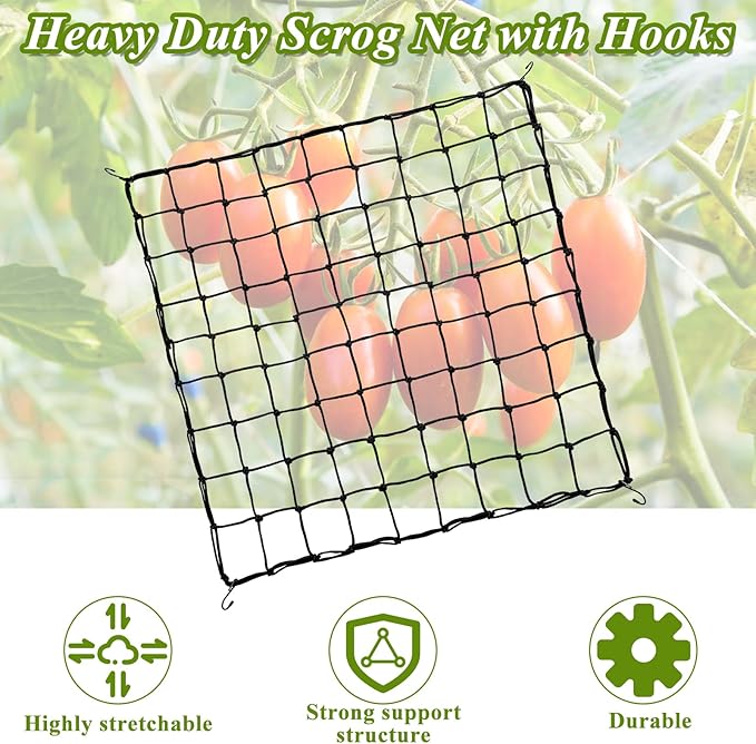 2 Pack Trellis Netting 5x5 Ft for Plants, Flexible Trellis Netting for Grow Tent with Steel Hooks and 100 Zip Ties, 3mm Thick Cord Elastic Net for Heavy Vegetables and Climbing Flowers