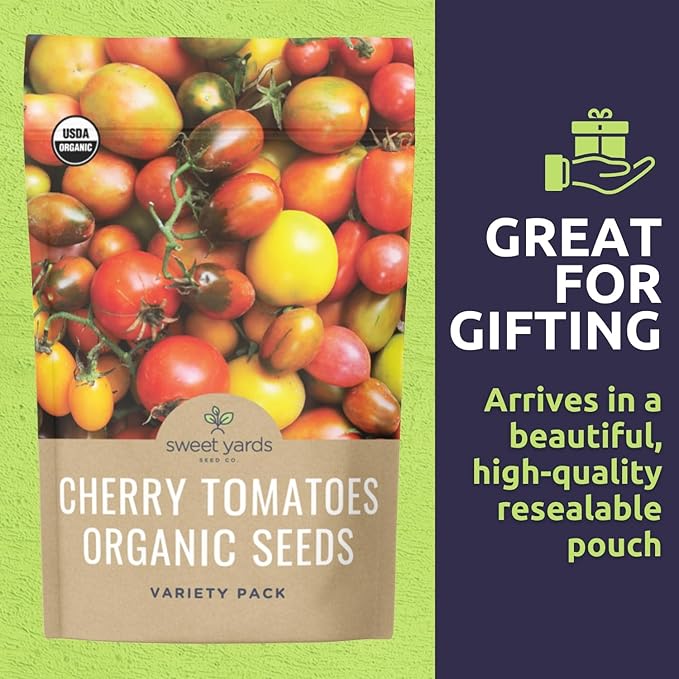 Organic Cherry Tomato Seeds Variety Pack - 5 Individual Packs - 2026 Season - Green Zebra, Sweetie Cherry, Chadwick, Yellow Pear and More! for Indoor & Outdoor Planting (Non-GMO, Certified Organic)
