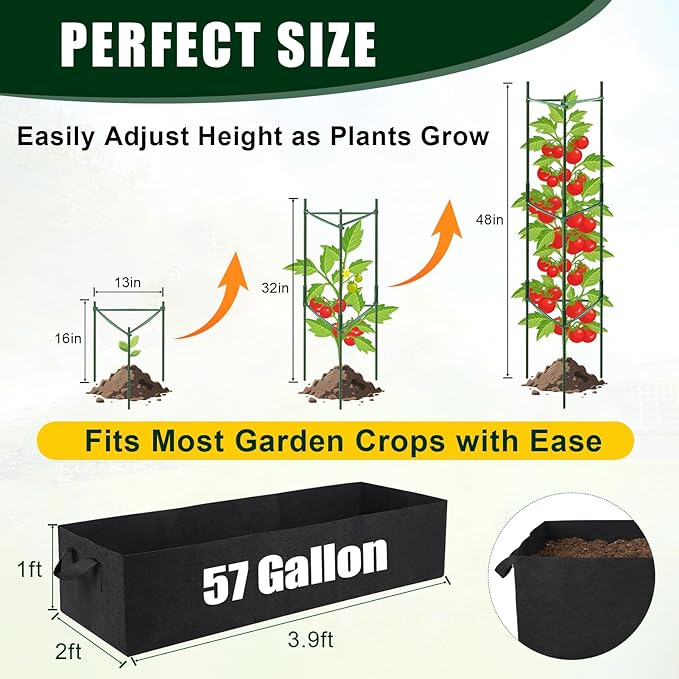 3-Pack Tomato Cages with 57 Gallon Raised Garden Bed - 48" Anti Collapse Heavy Duty Plant Support Trellis for Climbing Vegetables Plants Flowers ,Adjustable Vertical Tomato Trellis for Garden Balcony