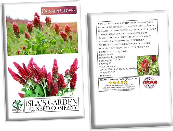 Crimson Clover Seeds for Planting, 1500+ Seeds/Packet, Thick Foliage, Ground Cover & Soil Enhancing-Low Maintenance Flowering Plant, Attracts Pollinators, (Isla's Garden Seeds), Trifolium incarnatum