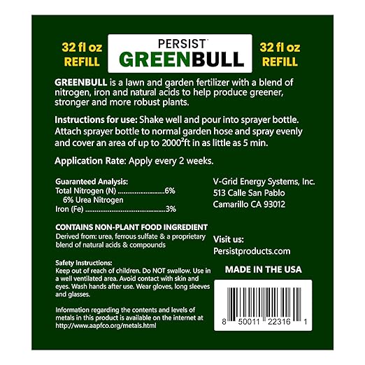 Persist Green Bull - 32oz Liquid Grass Fall Fertilizer for Lawn and Garden Soil That Naturally Enhances Green and Creates Nitrogen Rich Plant Soil, Naturally Based Fertilizer for Greener Plants
