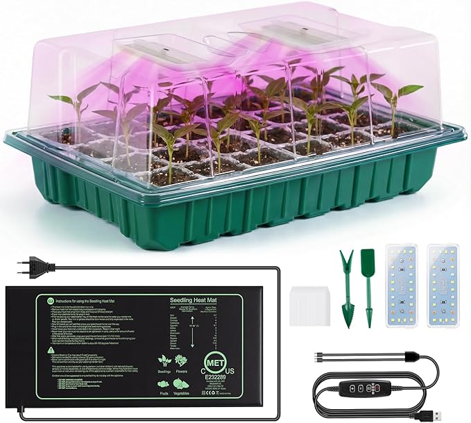 Verdenu Seed Starter Tray with Grow Lights and Heat Mat, Extra Large 24-Cell Seed Growing Tray with heightened Lid, Seed Trays with Humidity Domes for Propagation and Germination for Indoor Plants