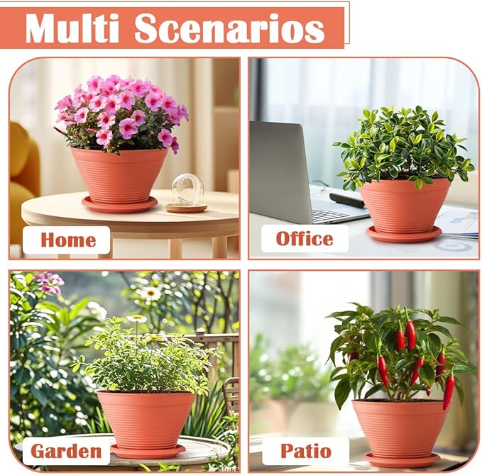8 Pack 8 Inch Plant Pots with Saucers, Plastic Flower Pots with Drainage Holes, Large Planters for Indoor Outdoor Garden, House Plants, Flowers, Herbs, Gardening Gifts, Pottery Red
