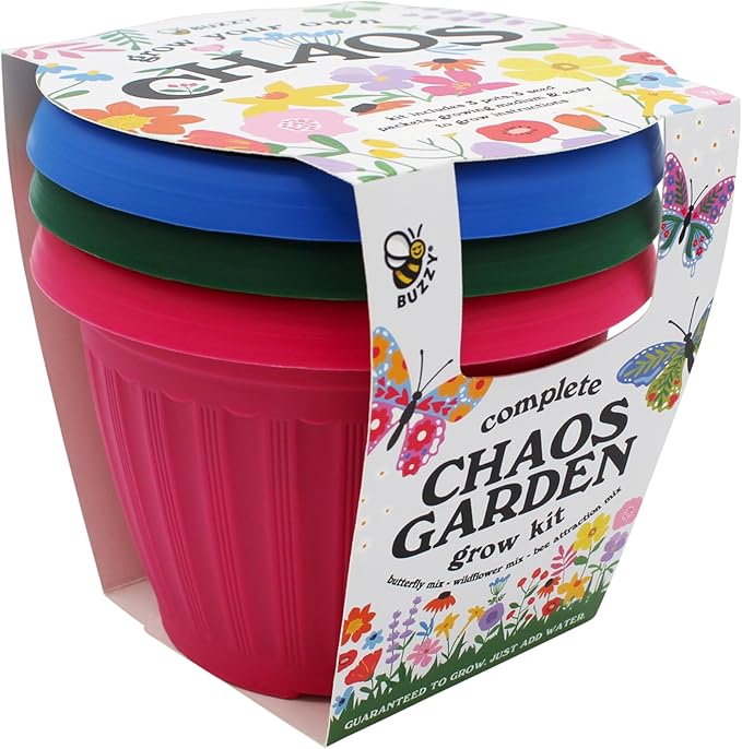 BUZZY Seeds Chaos Garden 3-Pack – Butterfly, Bee Attraction and Wildflower Seeds in 5.5 Inch Colorful Plastic Pots, Easy-Grow Flower Starter Kit, Indoor Gardening Gift