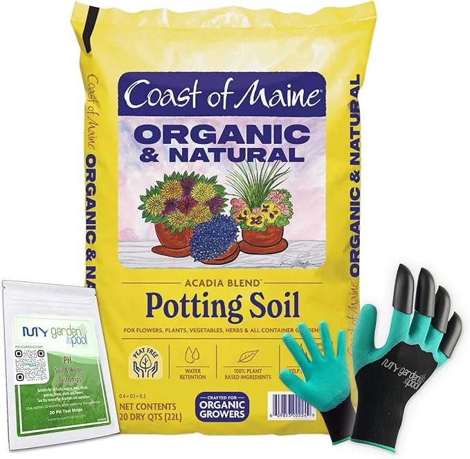 Coast of Maine AC3500 Acadia Peat-Free Potting Soil 20 qt with My Garden Pool 7-in-1 Soil Test Strips, 20 ct. and Claw Gardening Gloves