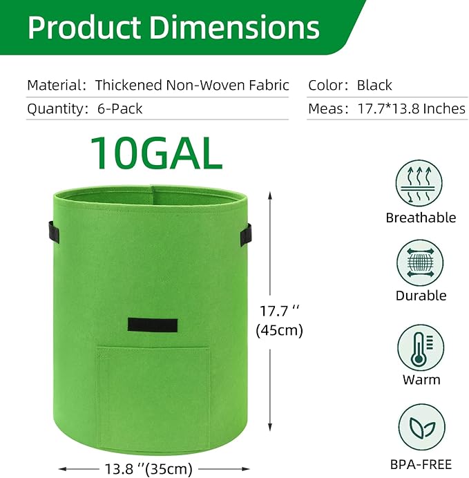 10 Gal Potato Grow Bags - Thickened Nonwoven Fabric Pots, Plant Bags with Flap for Growing Potatoes, Tomatoes, Fruits, Herbs (Light Green)