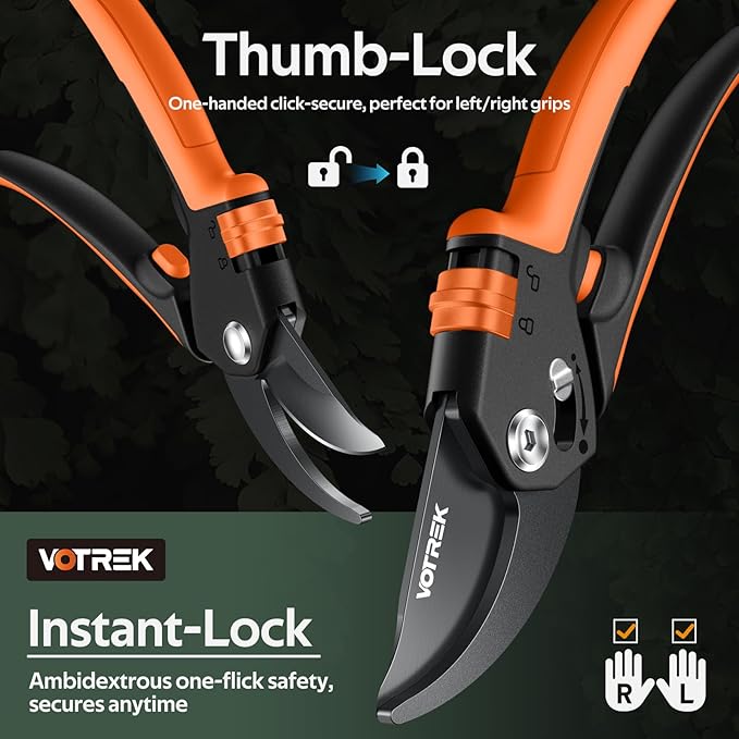 VOTREK® Pruning Shears, [Patented Stepless Handle Opening] - Garden Clippers with Ultra-Sharp SK5 Steel for Weak Hand, Bonsai Scissor Universal Fit for All Hand Sizes, Effortlessly Cut 1-Inch Branches
