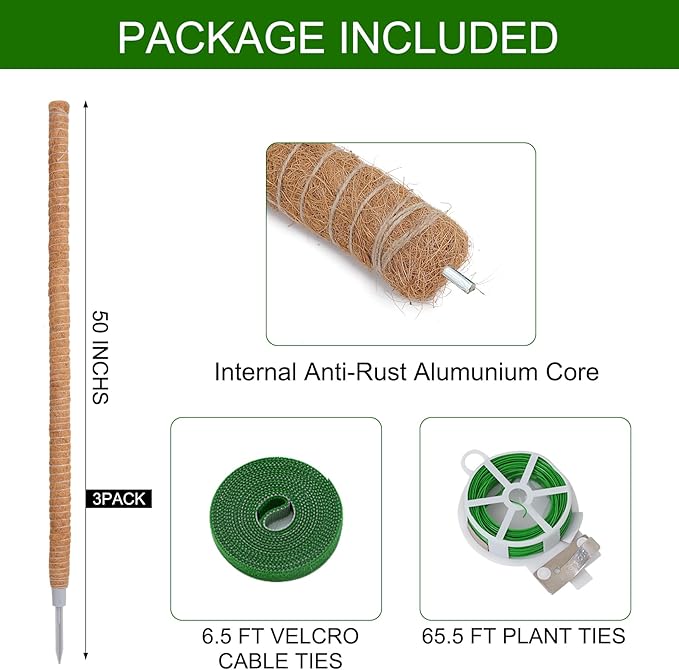 3 Pack 50 Inch Bendable Moss Pole Monstera Plant Support for Climbing Plants Indoor DIY Tall Moss Ploles Made of Coco Coir Sticks Support Stakes for Pothos Philodendron Potted Plants to Grow Upwards