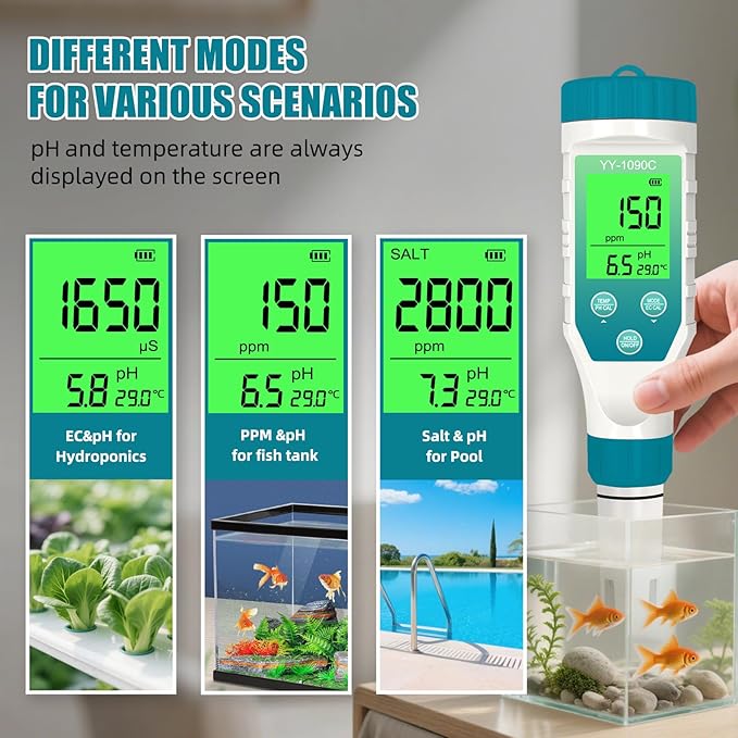 PH Meter for hydroponics & Spa Salt Tester – 5‑in‑1 pH, Salinity, TDS, EC & Temp Meter with 12.88 mS/cm Calibration – Saltwater Pool, Hot Tub & Aquarium Water Quality Monitor