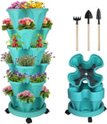 DUNCHATY Stackable Planter, Vertical Garden Planter with Wheels and Tools, Self Watering Strawberry Planter Indoor/Outdoor 6 Tier Herb Planter Pots for Growing Vegetables and Succulents, Teal