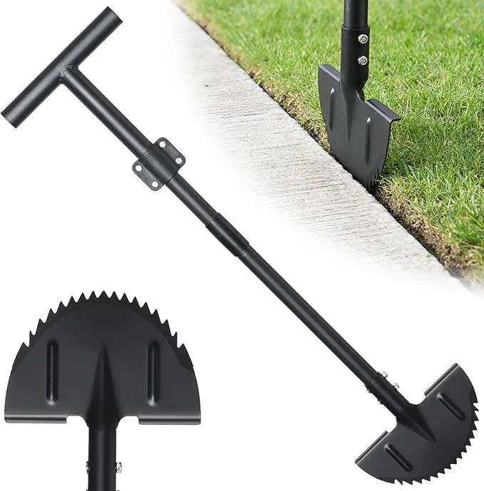 Half Moon Edger Lawn Tool, Sharp Saw-Tooth Hand Lawn Edging Tool for Landscaping, 48.5" Adjustable Long Handle Manual Edgers with T-Grip for Sidewalk Flower Bed Yard Garden Border Cable Burying