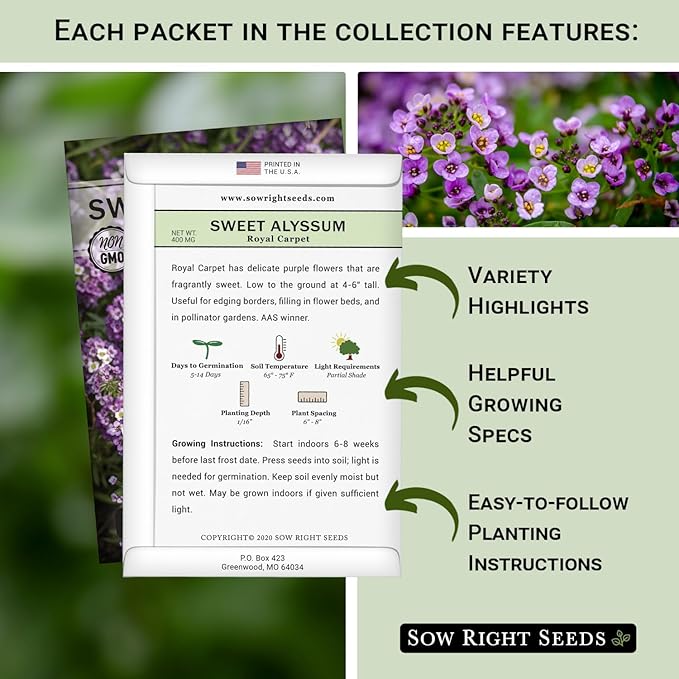 Sow Right Seeds - Sweet Alyssum Flower Seed Collection for Planting - White, Purple, Pink, and Yellow Blossoms - Non-GMO Heirloom Varieties to Plant in Home Garden - Groundcover with Tiny Blooms