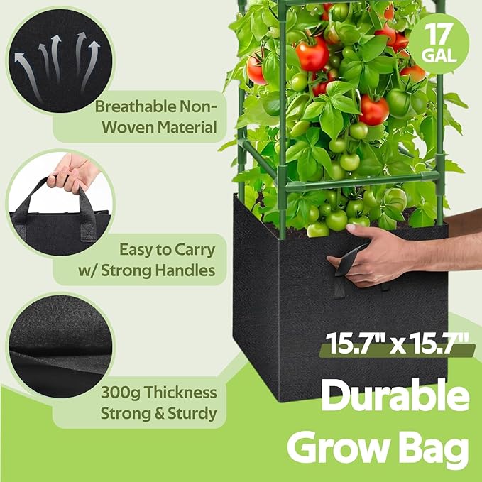 3 Pack Tomato Cages with 17 Gallon Grow Bags - 48 Inch Square Plant Support Trellis Tomato Planter Pots Kit - Garden Stakes for Vertical Climbing Plants Vegetable Flower Fruit Outdoor Indoor