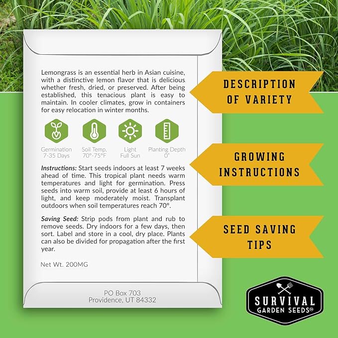 Lemongrass Seeds for Planting - Lemon Scented Asian Lemongrass for Your Home Vegetable Garden - Heirloom Non-GMO Open-Pollinated - Survival Garden Seeds (5 Packs)