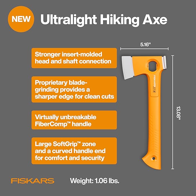 Fiskars X13 Ultralight Hiking Axe 13", Ultra-Sharp Forged Steel Blade for Efficient Chopping & Camping, 15% Lighter High-Visibility Orange FiberComp Handle Drives Tent Stakes, Sheath Included