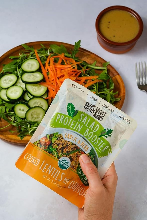 BeanVIVO 6-Pack Salad Protein Booster - Organic cooked Lentils & Quinoa with Garlic & Herbs, delivering a burst of taste and 10g of protein-packed goodness in every pouch 5oz