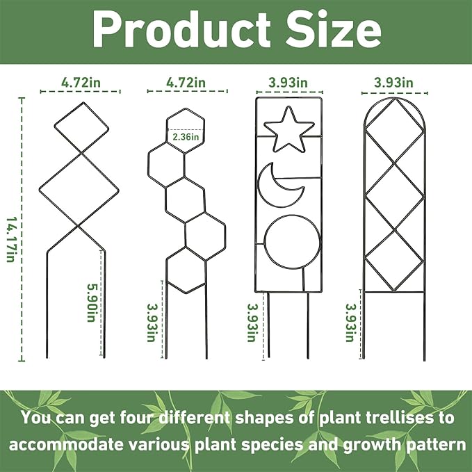 Trellis for Potted Plants, 14.6in Plant Trellis Indoor, Small Houseplant Trellis for Climbing Plants with Ties, Set of 4p Different Shape, Black