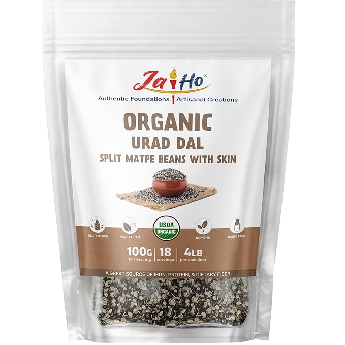 Jai Ho Certified Organic Urad Dal with Skin (Split Matpe Beans with Skin) 4 lb - USDA Organic | Non-GMO | Chemical-Free | Premium Quality Kosher