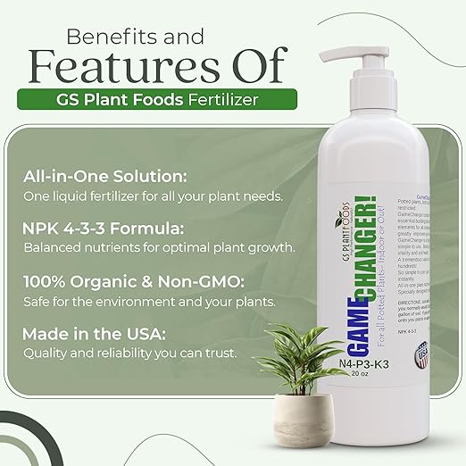 GS Plant Foods Game Changer - 100% Plant-Based Liquid Fertilizer 4-3-3 – for Organic Growing, Odor-Free, Easy Squeeze Bottle, Vegan – Indoor & Outdoor Plants - 20 Ounces
