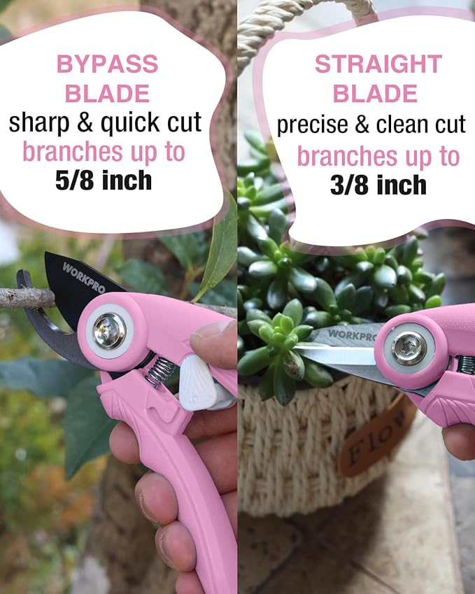 WORKPRO 2 Pack Garden Pruning Shears, 6.9" Bypass & Straight Shears, Premium Gardening Clippers for Flowers, Plants, and Fruit Trimming, Pink