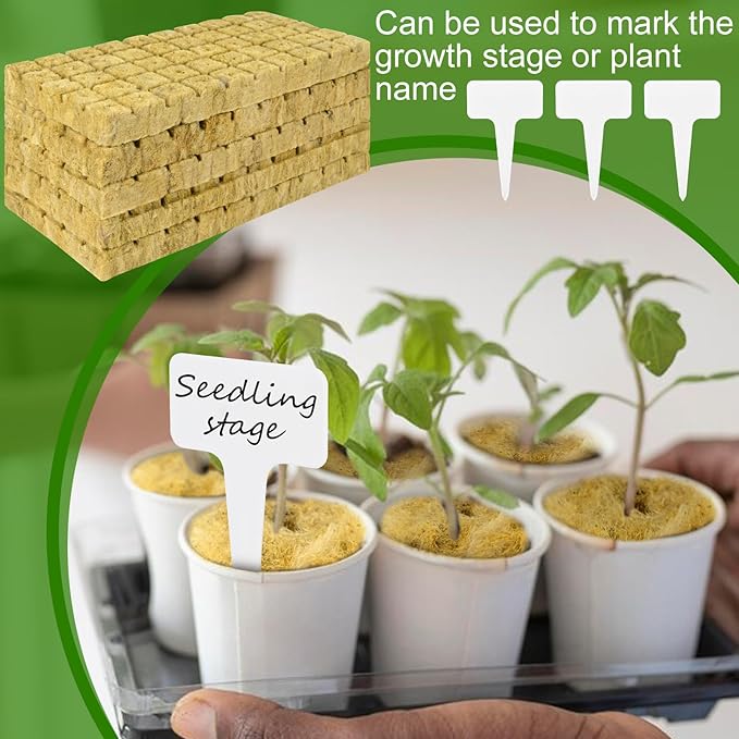 600 Pieces 1'' Rockwool Cubes for Hydroponics, Rock Wool Planting Cubes with 10 Plant Name Tags Rockwool Starter Plugs Mini Blocks for Soilless Cultivation Seedlings Cutting