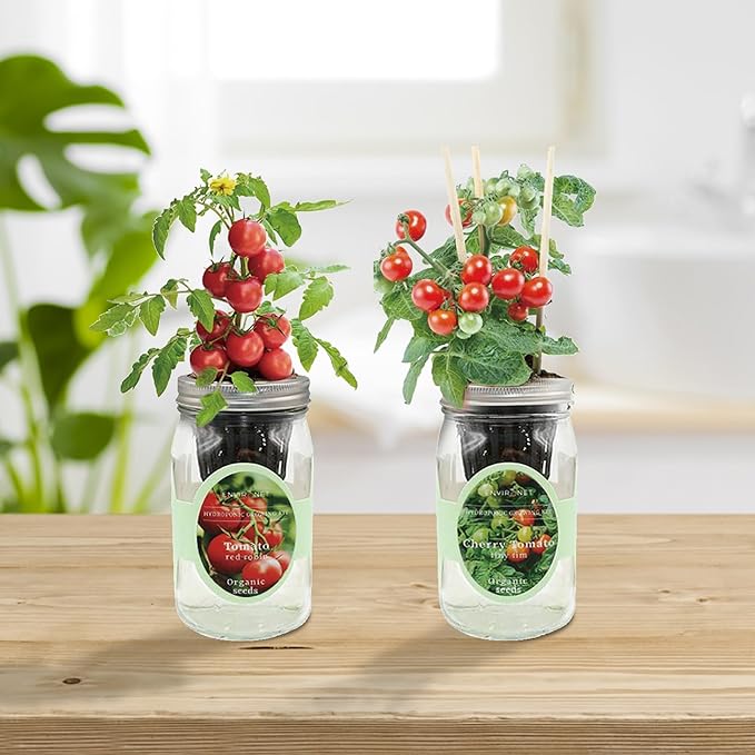 2-Pack Hydroponic Mason Jar Herb Garden Kit, Indoor Herb Garden Self-Watering Starter Kit, New Christmas Gift for Mom (Cherry Tomato,Red Robin Tmato)