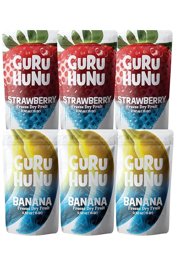 GURU HUNU Freeze Dried Strawberry & Banana Mix Pack - Dehydrated Fruit Chips Camping Snacks Mixed Fruit (Strawberry & Banana - 6 Pack)