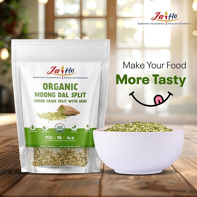 Jai Ho Certified Organic Moong Mung Split Dal with Skin Husk 4 lb | Green Gram Split | USDA Organic | Non-GMO | Chemical-Free | Kosher