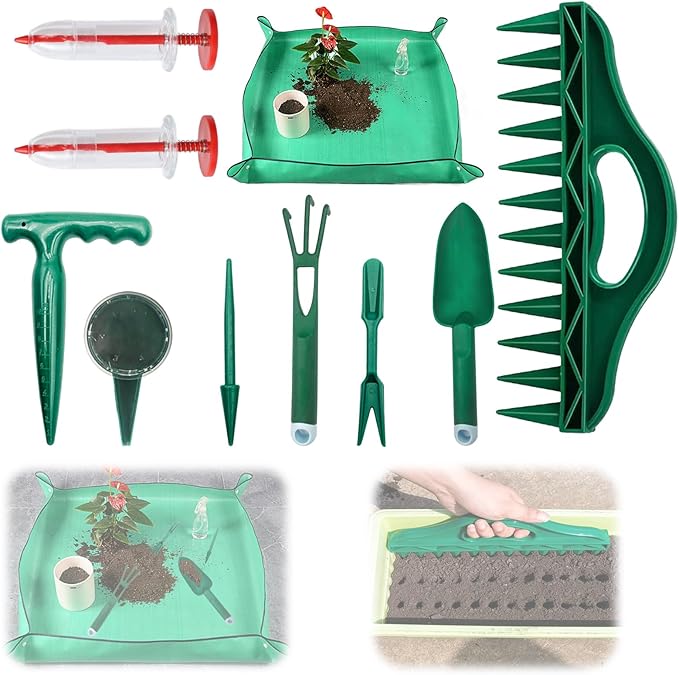 2026 Upgraded All-in-One Gardening Tool Kit: Thickened Repotting Mat, 12-Hole Punch Tools, Handheld Seed Planter & Spreader, 10 Pcs for Precise Sowing Indoor/Outdoor Ideal Gift for Planting Enthusiast