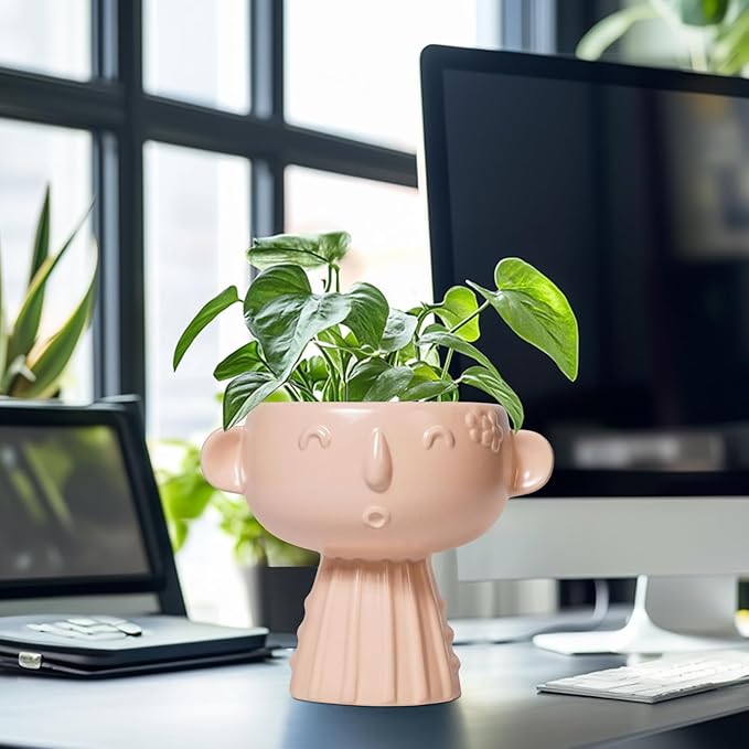 Face Flower Pots - 7 Inch Ceramic Pots for Plants Indoor Outdoor, Decorative Head Planter, Small Cute Succulent Planters with Drainage Hole, Room House Decor, Gifts for Plant Lover, Matte Pink