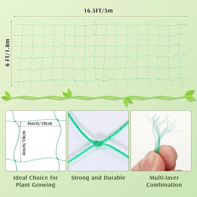 Blulu 8 Pcs Garden Trellis Netting for Climbing Plants 6x16.5 ft Trellis Netting Heavy Duty Mesh Climbing Net Plant Support Vine Net for Vegetables Cucumber Tomato Bean Outdoor Flexible Growing