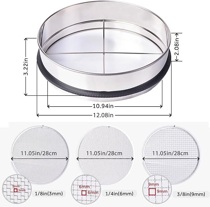 3PCS Thickened Soil Sifter, Dirt Sifter & Rock Sifter Set with 3 Removable Mesh Screens (3mm, 6mm, 9mm) - Reinforced Frame Fits 5 Gallon Bucket