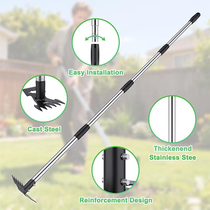 Weed Puller Tool with Long Handle，Adjustable Long Manual Weeder Remover Tool，2 in 1 Hand Weed Rake and Garden Hoe for Gardening, Uprooting Weeding Tool for Yard, Lawn, Patio, Garden