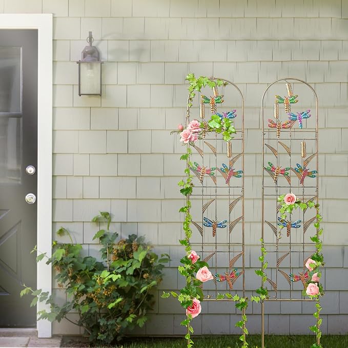 aboxoo Set of 2 Packs Dragonfly Metal Garden Trellis for Climbing Plants,Outdoor Decorative Flowers Arch Fence Trellis for Outdoor Patio,Garden,Lawn,Yard,Backyard,Wall Brackets,60'' H x 11'' W