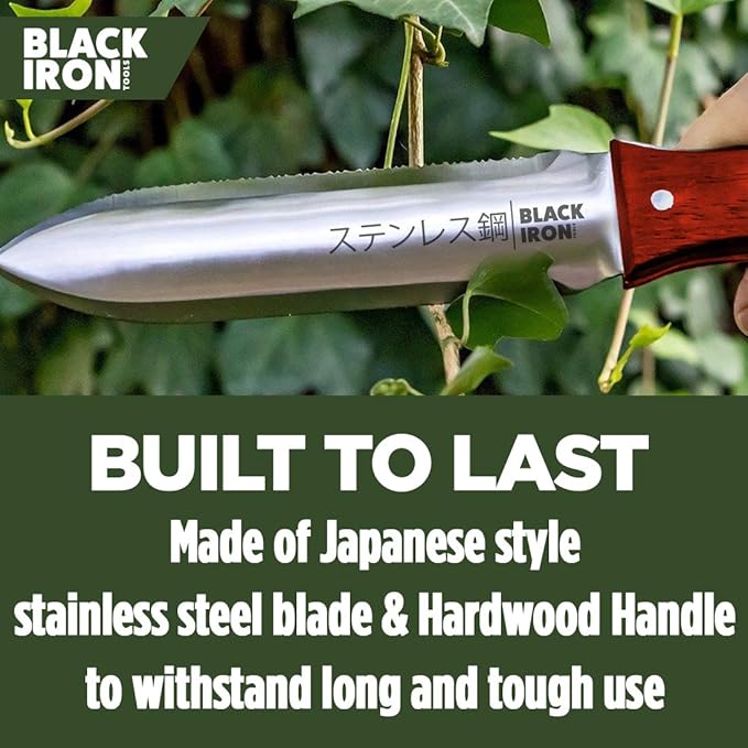 Hori Hori Garden Knife [7 Inches, Japanese Stainless Steel] Durable Gardening Tool for Weeding, Digging, Cutting & Planting with Leather Sheath and Sharpening Stone